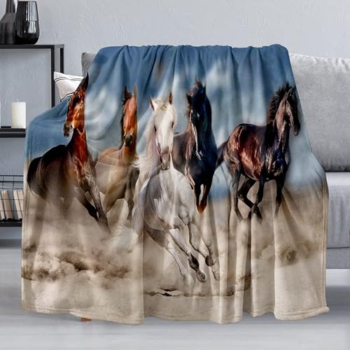 Horse Throw Blanket Gift, Soft Warm Fuzzy Plush Blanket, Smooth Cozy Flannel Blanket for Bed/Couch/Camping (80"x60", Five Horse) - size: 80"x60"
