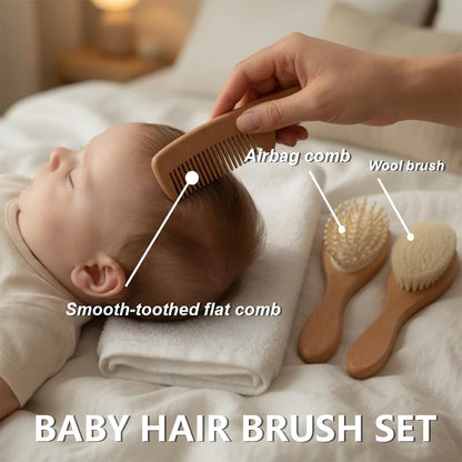 Baby Hair Brush and Comb Set, Natural Wood Scalp Massage Brush,Soft Goat Bristle Brush & Wooden Comb for Newborns, Toddlers, Boys & Girls for Cradle Cap (3 PC set(Oval))
