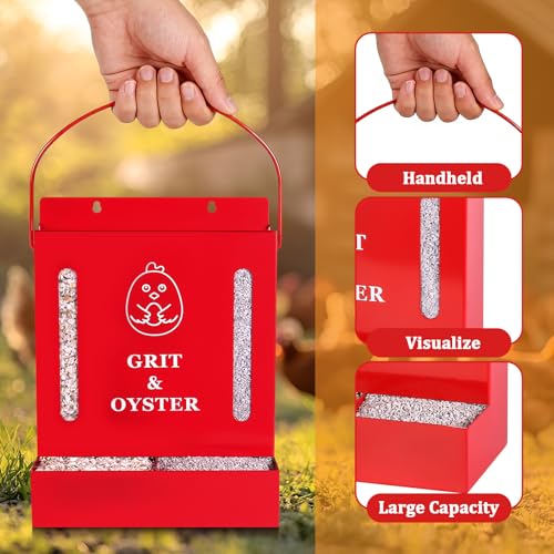 Oyster Shell and Grit Feeder Combo, Metal Chicken Feeder with Viewing Window/Lid, Hanging Gravity Chicken Grit Feeder, Coop Accessories for Healthier Hens and Eggs (Red) - color: Red