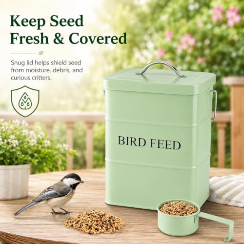 Morezi Airtight Bird Seed Storage Container 5~6LB Metal Bird Food Container | Wild Bird Seed Tin with Scoop and Handle, for Storing Sunflower Seed, Porch, Yard - Sturdy and Squirrel Proof -Green
