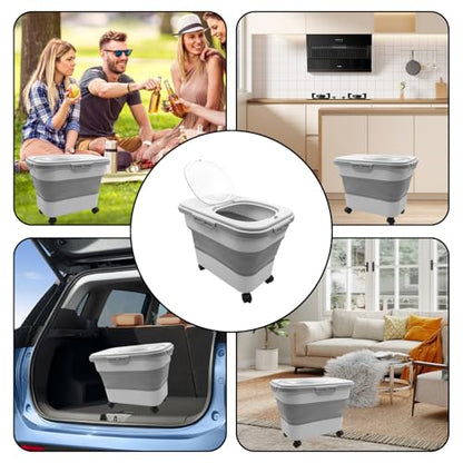 20-30 Lbs Grey Collapsible Airtight Rice Pet Food Storage Container | With Rolling Wheels Lock Lid Scoop Cup, Large Bin for Rice Flour Pet Food Home Storage