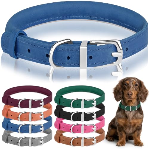 OOPSDOGGY Rolled Leather Dog Collar Reflective – Genuine Leather Round Dog Collar for Small Medium Large Dogs (Blue, 8" - 11") - color: Blue, size: 8" - 11"