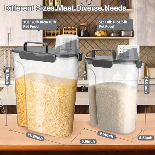 Komzon Rice Storage Containers, Airtight Cereal Containers Storage 20+10 lb Extra Large, BPA Free Rice dispenser with Pouring Spout, Pet Dog Cat Bird Food Container - color: 10lb+20lb grey