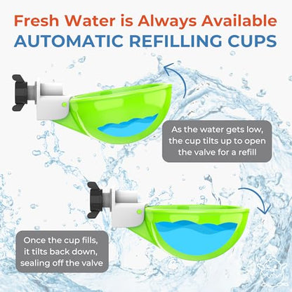 Lil'Clucker - Large Automatic Chicken Waterer Cups Suitable for Ducks, Geese, Turkeys, and Bunny Rabbit - Water Feeder Kit - Poultry Waterer (Green, 8 Pack) - color: Green, size: 8 Pack