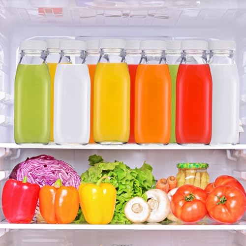 Suclain 10 Pack 16 oz Glass Milk Bottles with Lids, Clear Reusable Milk Containers, 100% Airtight Juice Water Bottles for Refrigerator Storage, Smoothies, Cold Brew, Honey, Oats, Tea, Kitchen Beverage