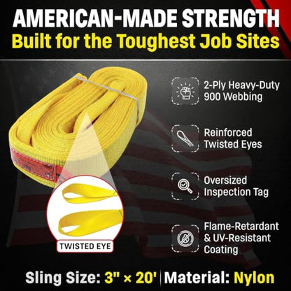 DD Sling 3 Inch x 20 Foot Nylon Lifting Sling – USA Made, 8,900 lb Vertical, 7,200 lb Choker, 17,800 lb Basket – 2-Ply Heavy Duty 900 Webbing, Type 4 Twisted Eye & Eye Rigging Sling - size: 3 in x 20 ft