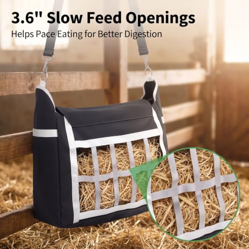 2 Pack Slow Feed Horse Hay Bag, Heavy Duty Waterproof Oxford Hay Feeder Bag with 3.6" Slow Feed Holes, Hanging Hay Net for Stall, Fence, Trailer, Fit Horse Sheep Goat Cattle Donkey
