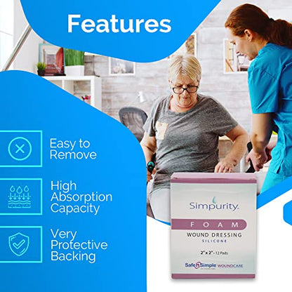 Safe n' Simple Medical Dressing for Wounds - 12 Pack Thick Pads 2" x 2" - Highly Absorbent Non-Adherent Foam Padding