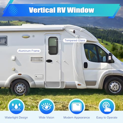 Vertical RV Window, 23.3*13.4*1.7in, Tinted Sliding RV Window, RV Window Replacement, Teardrop Style, with Net Screen and Trim Ring, Fit for Thickness Wall 0.12-0.24in and 2.13in