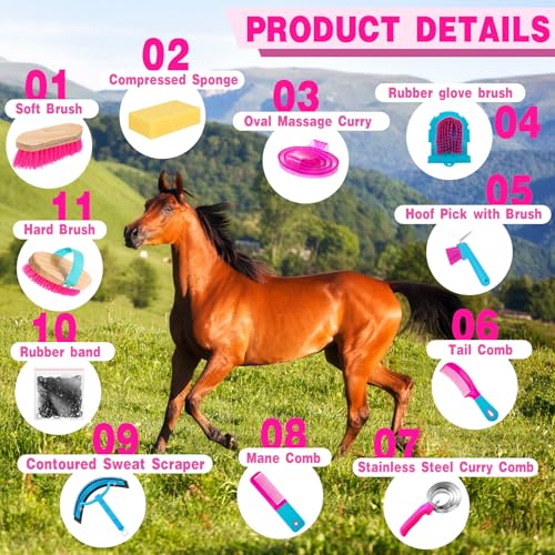 Abbylike 12 Pieces Horse Grooming Kit Equine Care Brushes, Rose Red - color: Rose Red