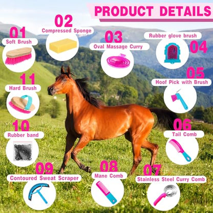 Abbylike 12 Pieces Horse Grooming Kit Equine Care Brushes, Rose Red - color: Rose Red