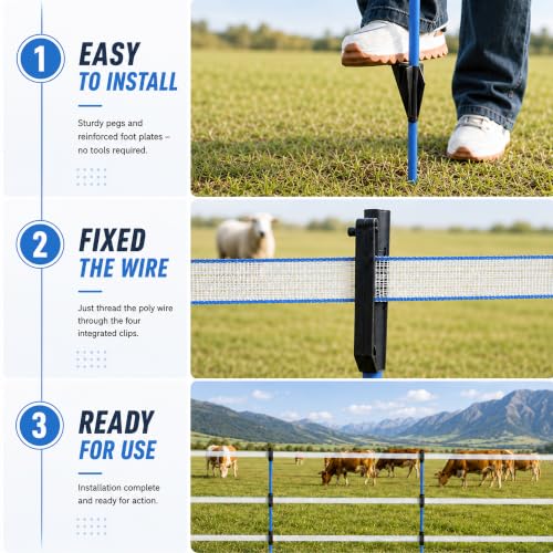 50 Pack 48 inch Fixed Insulator Fiberglass Electric Fence Posts Blue | Easy Step-in Posts for Livestock Fencing, Garden Fencing and Boundary Marking,Blue - color: Blue