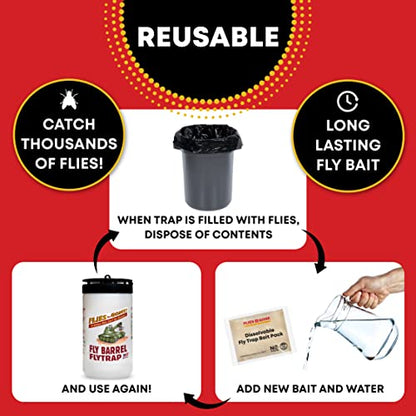 Flies Be Gone Outdoor Fly Trap - Reusable Container, Patent Pending Screw Lid, Suspension Strap & 2 Protein-Powered Attractant Fly Container Packs - Catcher for Outdoor Home and Commercial Use