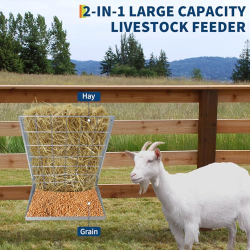 Wall Mount Hay Feeder, 2 in 1 Hay & Grain Livestock Feeder - color: Silver