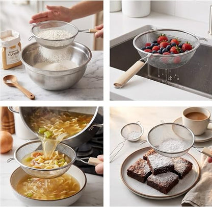 Huji 8-Inch Stainless Steel Double Mesh Food Strainer Colander - Fine Sieve Sifter with Wooden Handle for Kitchen Cooking, Pasta, Rice, Noodles, and More