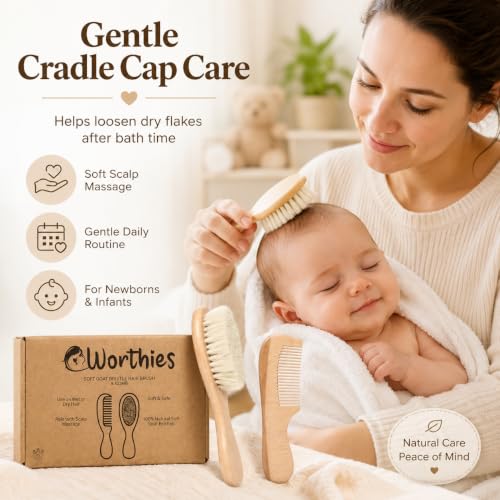 Baby Hair Brush and Comb Set for Newborn, Soft Goat Bristles