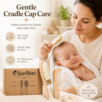 Baby Hair Brush and Comb Set for Newborn, Soft Goat Bristles