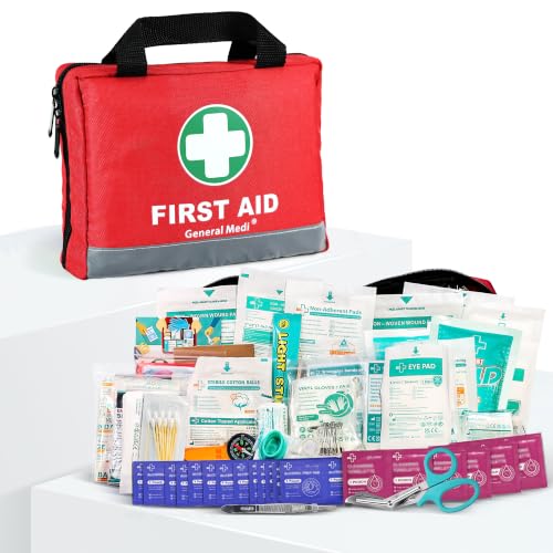 General Medi First Aid Kit -309 Pieces- Reflective Bag Design - Including Bandages, Moleskin Pad and Emergency Blanket for Travel, Home, Office, Car, Camping, Workplace