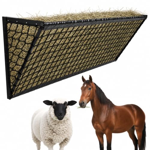 Upgraded Hay Feeder for Goats with Net, 63Inch Long Wall Hay Rack with 50Gallon Large Capacity, Blanket Hay Holder, Heavy Duty Metal Livestock Feeders Frame with Hay Net Side for Horses Farm Sheep