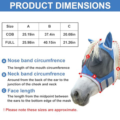 Horse Fly Mask with Ears, Full Face Equine Fly Mask UV Protection - color: Royal Blue, size: Cob (Medium)