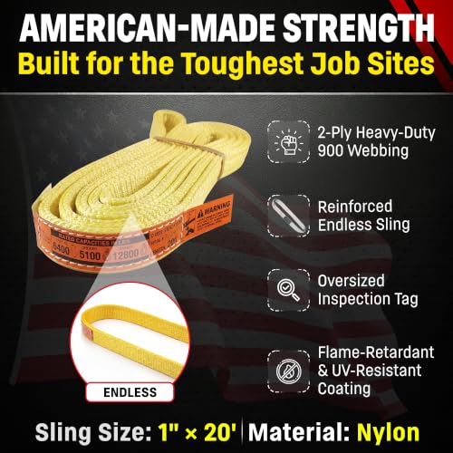 DD Sling 1" x 20' Nylon Endless Lifting Sling – USA Made | 6,400 lb Vertical, 5,100 lb Choker, 12,800 lb Basket – 2 Ply Heavy Duty 900 Webbing, Type 5 Endless Rigging Sling - size: 1"x20'