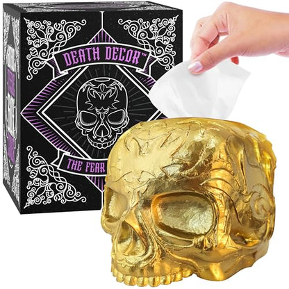 Gothic Skull Tissue Box Cover, Gold, Square by Death Decor - color: Gold