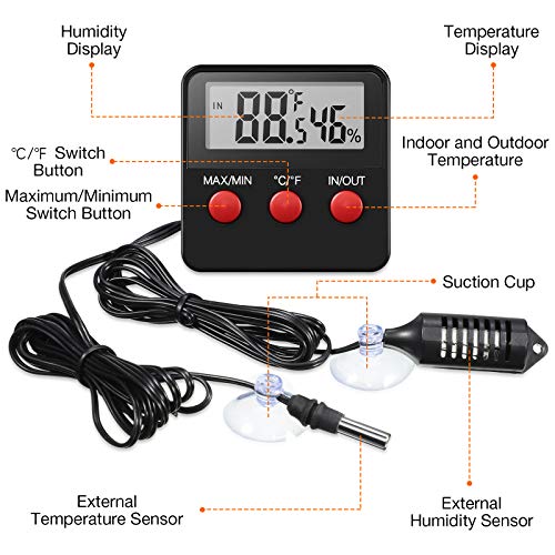 Weewooday 2 Pcs Digital Reptile Thermometer Hygrometer Gauge with Probes | Terrarium Habitat Monitoring Display, Indoor Outdoor Use, Max Min Memory, Probe Sensor, Reptile Pet Care Greenhouse Garden