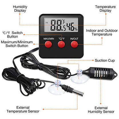 Weewooday 2 Pcs Digital Reptile Thermometer Hygrometer Gauge with Probes | Terrarium Habitat Monitoring Display, Indoor Outdoor Use, Max Min Memory, Probe Sensor, Reptile Pet Care Greenhouse Garden