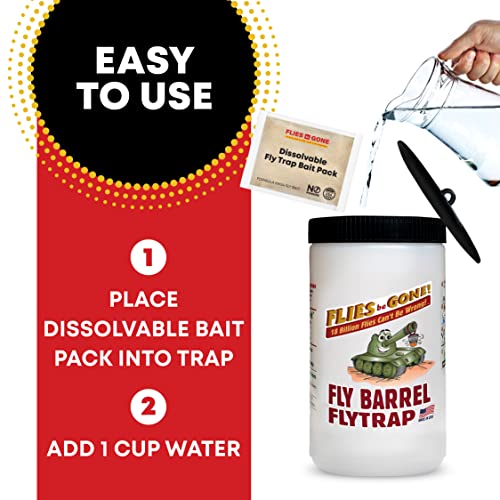 Flies Be Gone Outdoor Fly Trap 6-Pack - Reusable Container, Patent Pending Screw Lid, Suspension Strap & 12 Protein-Powered Attractant Packs - Best Fly Catcher for Outdoor Home and Commercial Use.