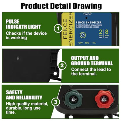 PE2 Electric Fence Charge, 2-Mile/ 8 Acres Electric Fence Charger,Livestock Fence Chargers for Containing Dogs, Livestock and Preventing Wild Animals Intruding - color: Without wire