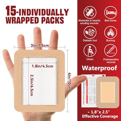 FRESINIDER Silicone Foam Dressing 3" x 4", 15 Pack – Soft Silicone Border Foam Dressing for Pressure Areas, Daily Wound Care & Post-Procedure Use – Absorbent, Breathable & Skin-Friendly - color: 3" X 4" , 15 Pack