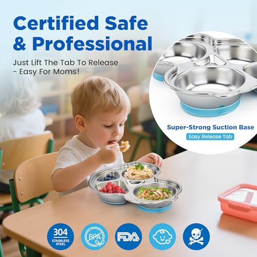 Stainles Steel Baby Suction Plate, Car Divided Toddler Plate Blue - color: Blue