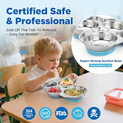 Stainles Steel Baby Suction Plate, Car Divided Toddler Plate Blue - color: Blue