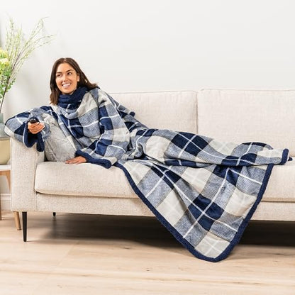 PAVILIA Sherpa Wearable Blanket with Sleeves and Pocket, Plush Thick Cozy Body Blanket Wrap for Adult Women Men, Christmas Gift for Wife Mom, Plaid Navy Blue - color: Plaid Navy