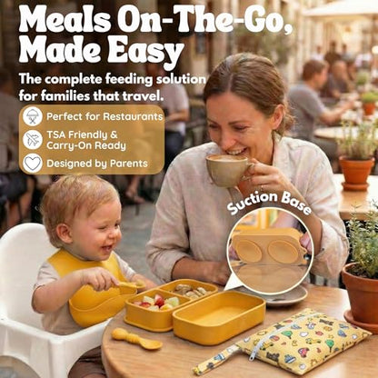 Baby Travel Feeding Set with Silicone Suction Plates, Yellow Small - color: Yellow
