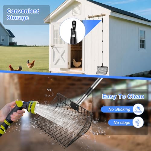12 inch Large Chicken Poop Scooper Rake with Sifting Litter Shovel, Stainless Steel Handle (25 to 66"), Heavy-Duty Poultry Litter Scoop for Chicken Coop for Sand & Farm Pet Waste Cleaning