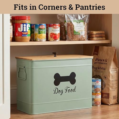 Metal Dog Food Container 15-20 lbs w/ Airtight Bamboo Lid, 70 Cup Capacity - color: Sage Green