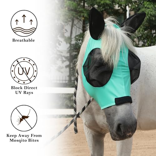 Stretchy Horse Fly Mask with Ears, Large Eye Space Green Full - color: Green, size: Full