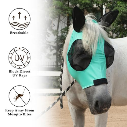 Stretchy Horse Fly Mask with Ears, Large Eye Space Green Full - color: Green, size: Full