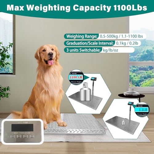 Upgraded 1100lb Livestock Scale, 40"x20", Non-Slip Surface | Heavy Duty Dog Scales for Large Breed Weighing, with Stand Rod, Max 1100lbs, Precision 0.22lb/0.1kg - style: 1100 lbs Pro