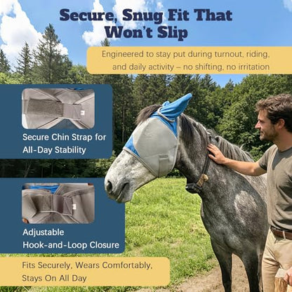 Horse Fly Mask with Ears, Breathable UV Protection Mesh, Large Eye Space No Rubbing, Soft Fleece Trim, Adjustable Comfort Fit, Lightweight Horse Mask for Summer Turnout (M) - size: Medium