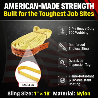DD Sling 1" x 16' Nylon Endless Lifting Sling – USA Made, 6,400 lb Vertical, 5,100 lb Choker, 12,800 lb Basket – 2 Ply Heavy Duty 900 Webbing, Type 5 Endless Rigging Sling - size: 1"x16'