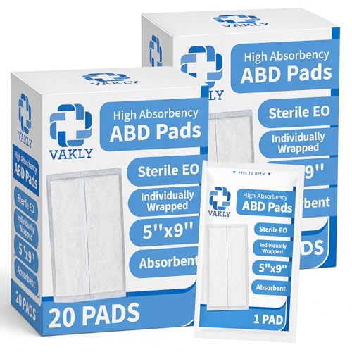Vakly ABD Pads 5x9 Sterile – Abdominal Combine Gauze Pads, High Absorbency Non-Adherent Wound Dressing for Heavy Drainage & First Aid, Individually Wrapped