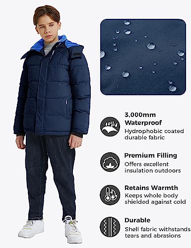 wantdo Boys Puffy Winter Coats Fleece-Lined Snow Jackets Removable Hood | Elastic Cuffs, Hook-and-Loop Collar, Windproof, Machine Washable - color: Navy, size: 8-9