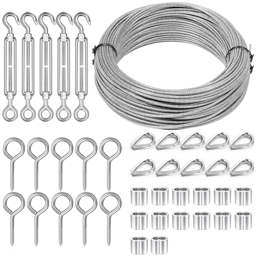 Dpyrrhic Turnbuckles for Cables Wires, 100Ft 1/16 Inch Stainless Steel Vinyl Coated Wire Trellis Kit,M5 Turnbuckle Tension Kit for Cable Railing Clothesline DIY Balustrades,String Lights Hanging - size: 100Ft
