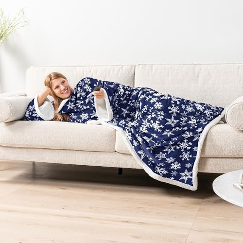 PAVILIA Sherpa Wearable Blanket with Sleeves and Pocket, Plush Thick Cozy Body Blanket Wrap for Adult Women Men, Christmas Gift for Wife Mom, Snowflake Blue - color: Snowflake Blue