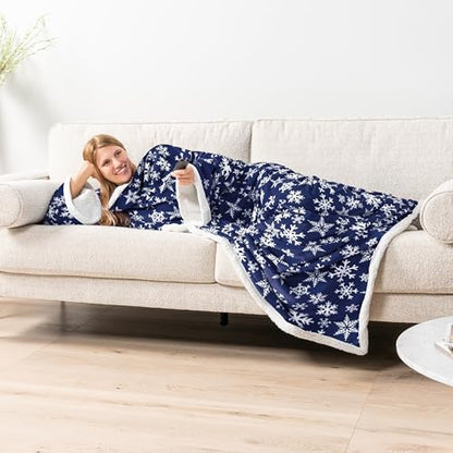 PAVILIA Sherpa Wearable Blanket with Sleeves and Pocket, Plush Thick Cozy Body Blanket Wrap for Adult Women Men, Christmas Gift for Wife Mom, Snowflake Blue - color: Snowflake Blue