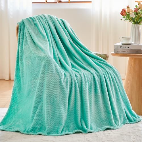 NEWCOSPLAY Fleece Leaves Pattern Throw Blanket, Aqua, 50"x60" - color: Aqua, size: Throw(50"x60")