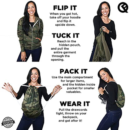 Quikflip 2-in-1 Reversible Backpack Hoodie (As Seen on SHARK TANK) Unisex Full-Zip Hero Hoodie Lite - color: Camo, size: Medium