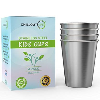 CHILLOUT LIFE Stainless Steel Cups for Kids and Adult 12 oz – Metal Kids Cups stackable for Home & Outdoor Activities, BPA Free Healthy Unbreakable Premium Metal Drinking Pint Glasses (4-Pack) - color: Stainless Steel, style: 12 oz